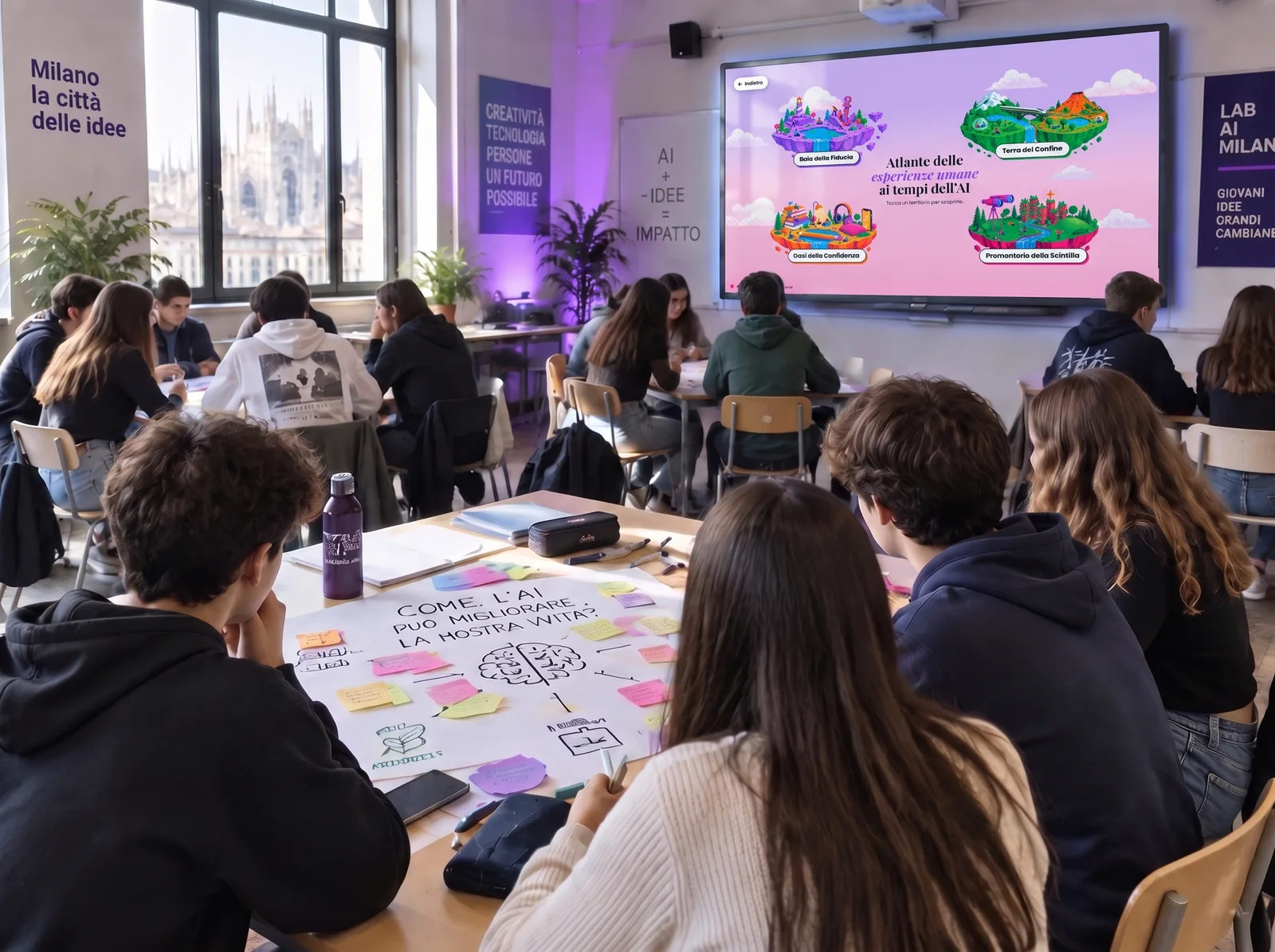 Studenti in aula davanti alla LIM con l'Atlante